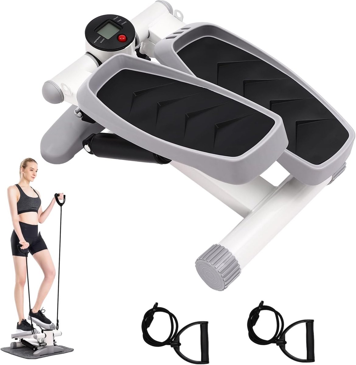 Mini Stepper - Fitness Trainer - Thuis Trainen - Met Weerstandsbanden - 39x31.5x21cm - Grijs