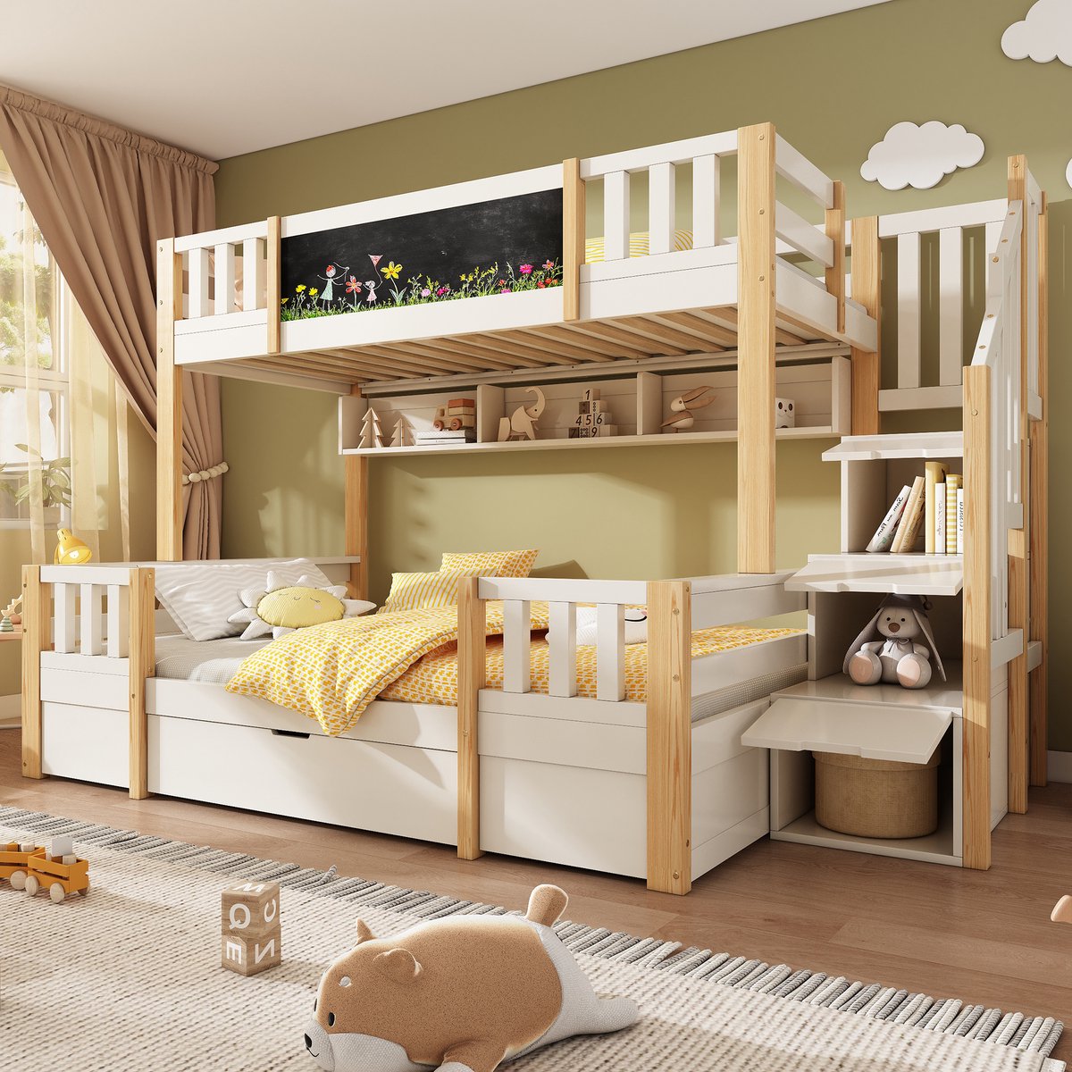 REDOM stapelbed voor 3 personen – Massief hout wit/naturel – Boven 90x200 / onder 140x200 cm – Krijtbord – Opbergtrap + lades + open vakken – EN747-gecertificeerd Natuurlijk, wit