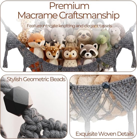 Pluchen Opbergnet - Knuffel Organisator - Speelgoed Opbergen - Driehoekig Design - Grijs — afbeelding 4