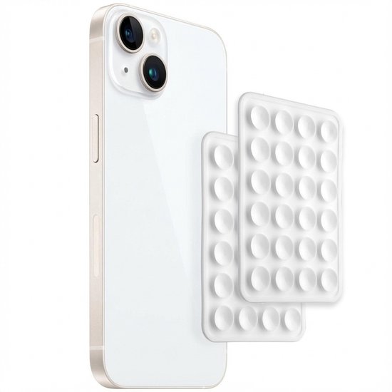 Deux autocollants à ventouse blancs côte à côte, l'un légèrement plus haut que l'autre, au dos d'un iPhone blanc.