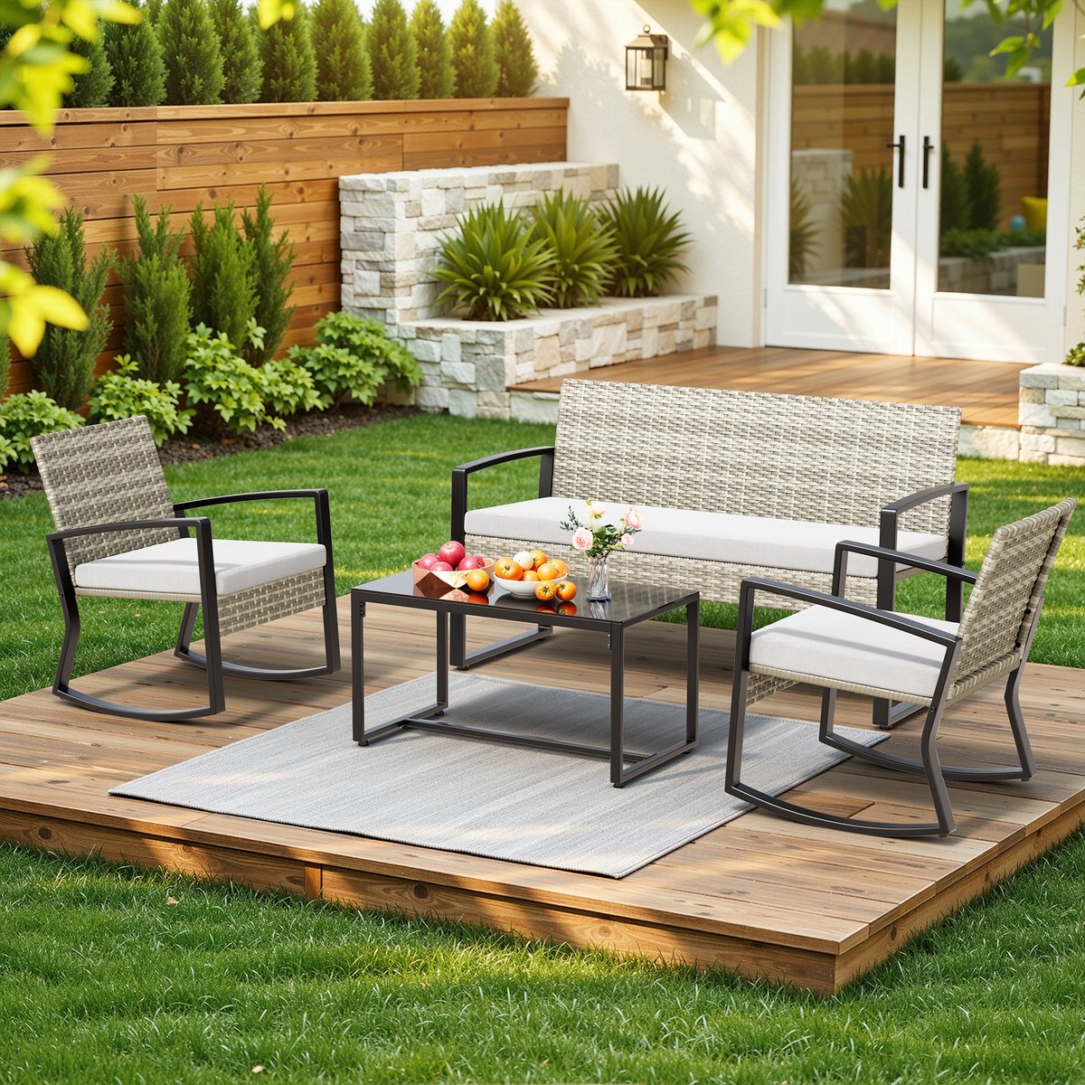 Xbro Rotan Tuinset 3-delig met schommelstoel,Balkonset voor 4 personen met kussens,Tuinmeubelset met tafel,3-delige Bistroset ,108 x 74 x 85 cm ,Lichtgrijs