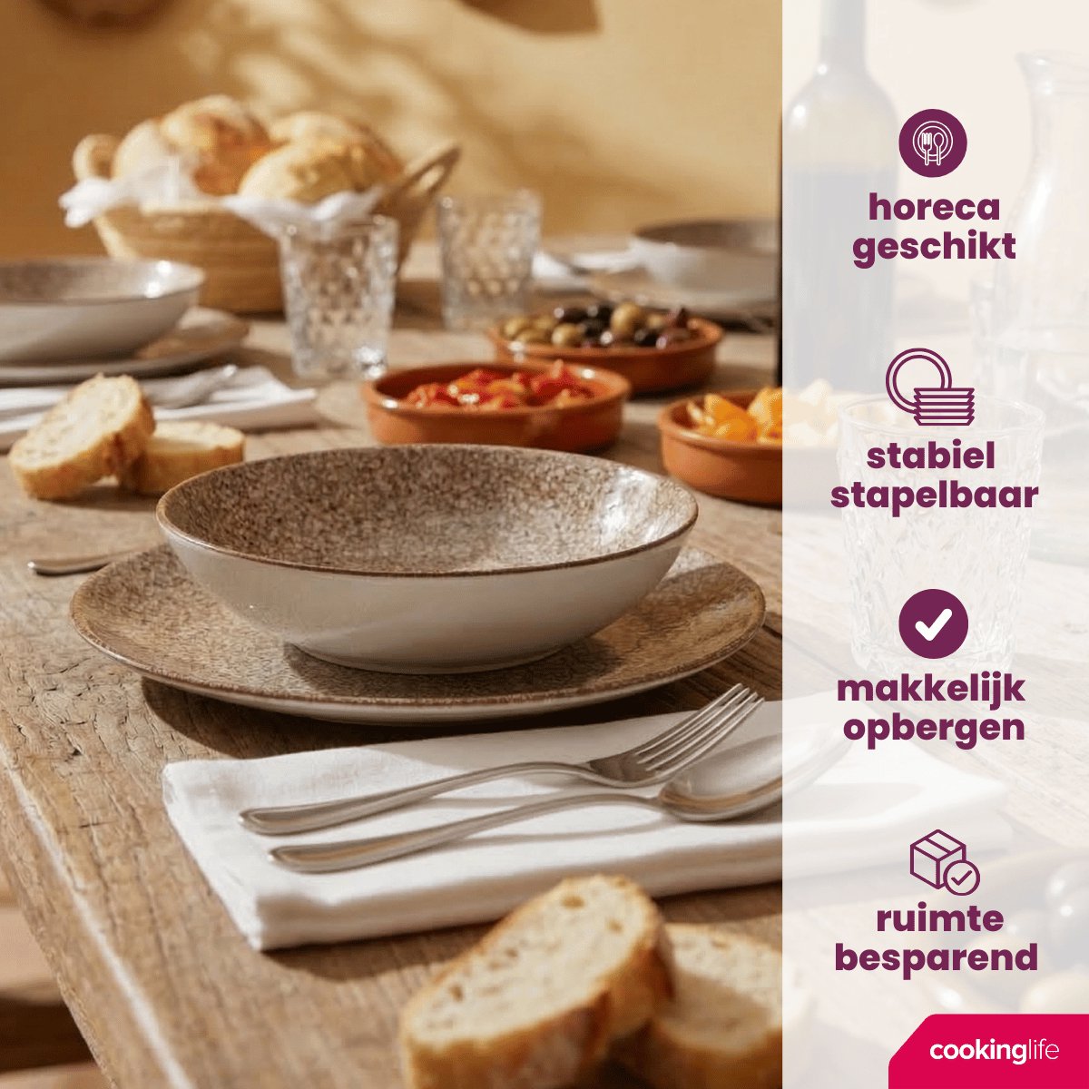 Cookinglife Serviesset Tela Bruin 12-delig - Servies Set 4 Personen - Modern Design Porselein - Vaatwasser- & Magnetronbestendig — afbeelding 3