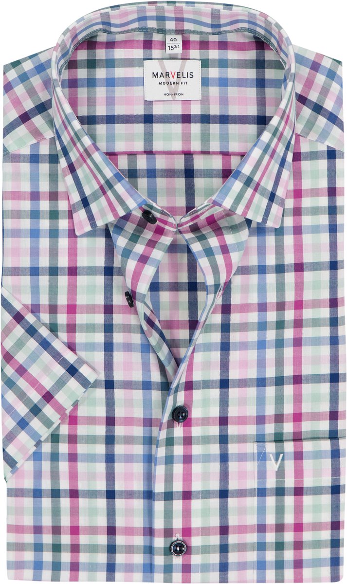 MARVELIS modern fit overhemd - korte mouw - popeline - wit met blauw - groen en roze geruit - Strijkvrij - Boordmaat: 44 (EU maat: XL)