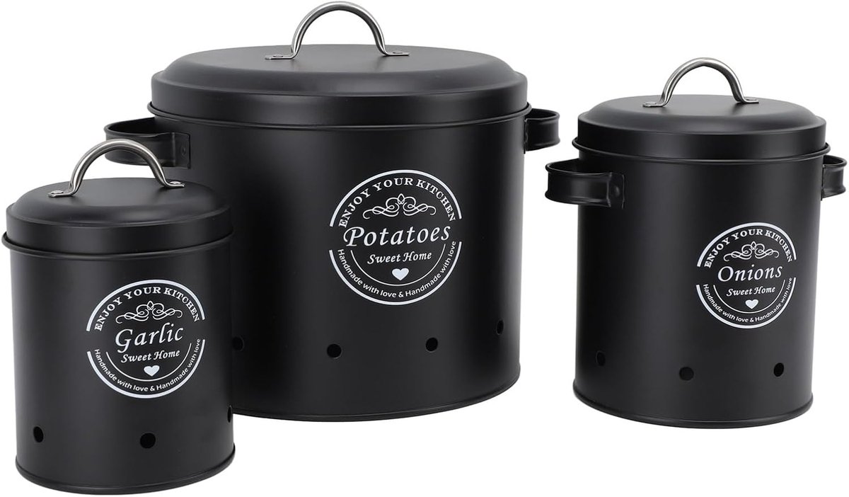 Keuken Bewaarblikken - Opslag Containers - Groente Opslag - Ventilatie Gaten - Set van 3 - Zwart