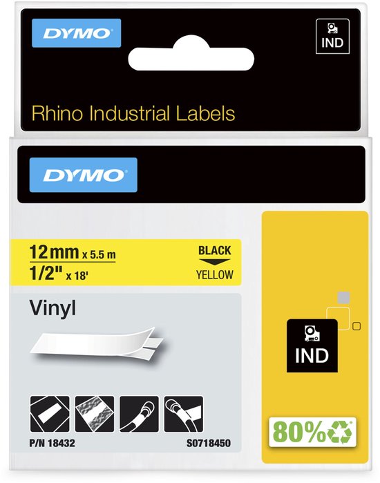 DYMO verpakking met Rhino labels, 12mm x 5.5m, zwarte opdruk op geel.