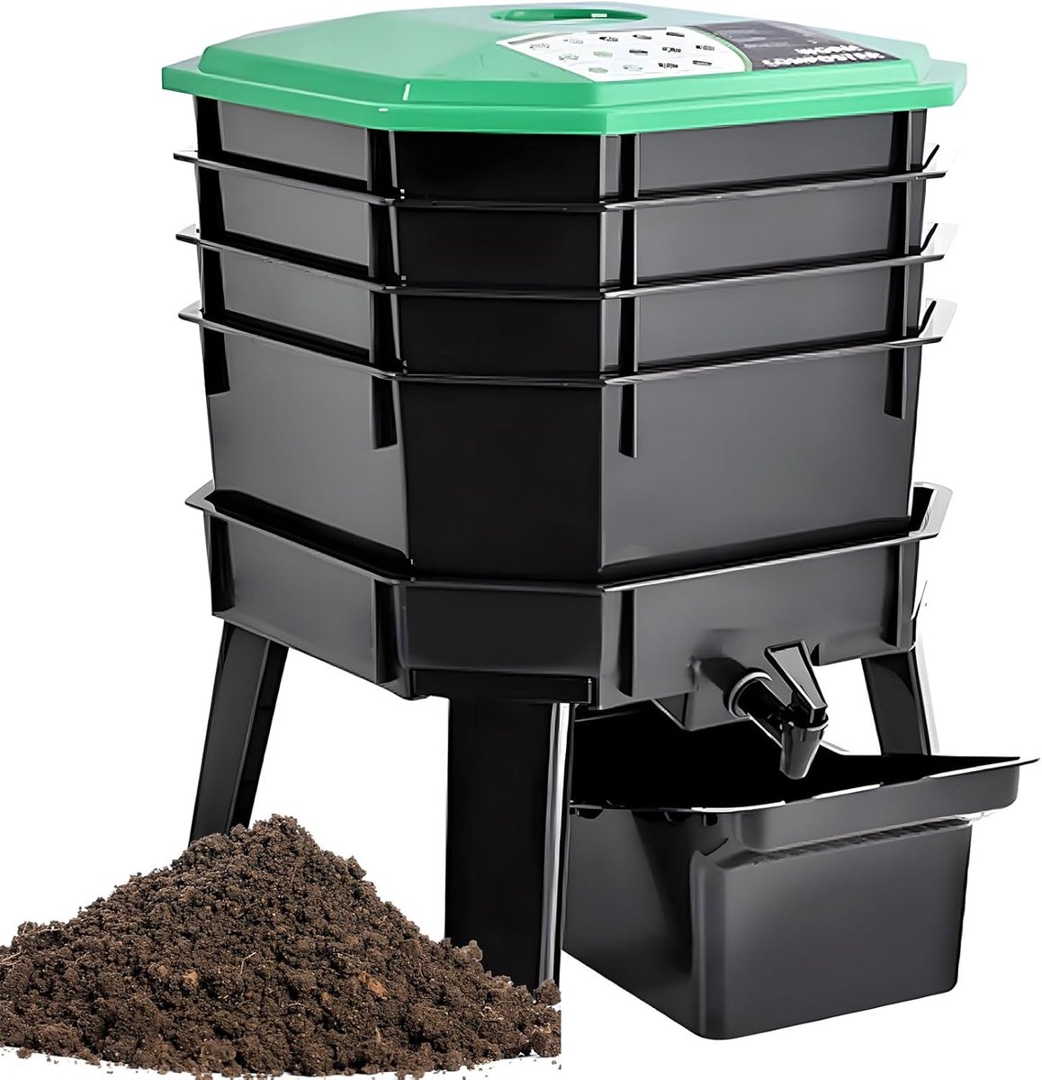 Worm Compostbak Kit - GFT Bak - Afval Verwerken - 4-laags Ontwerp - 40x40x51 cm - Zwart
