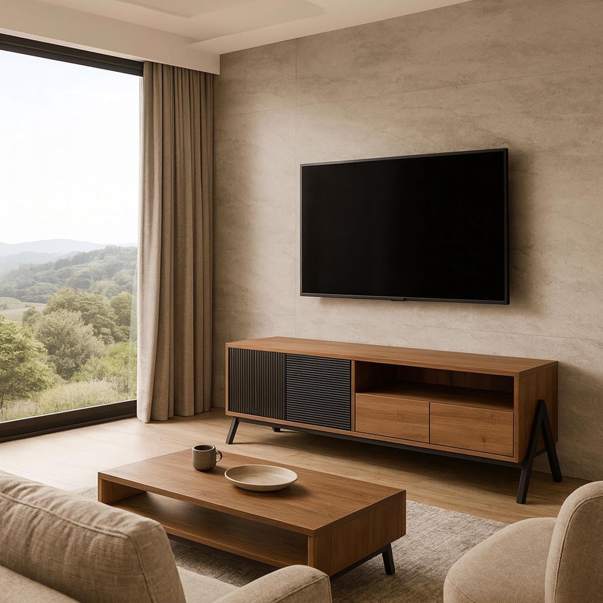 TV-meubel - Lowboard kast - Opbergen entertainment - Krasbestendig melamine - 155 x 40 x 44 cm - Naturel