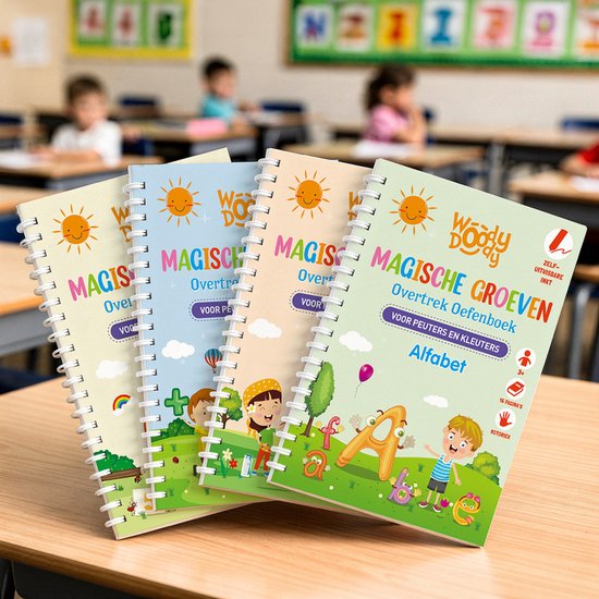 WoodyDoody Nederlandse Magische Groeven Overtrek Schriften 4 Stuks met Magische Pen en 5 Vullingen NL Versie - Magic Leerboek Nederlands Ik Leer Cijfers Tekens Schrijven - Magische 3D Overtrek Boek - Groevenboekjes NL - Zelf Uitwisbaar 30 Minuten