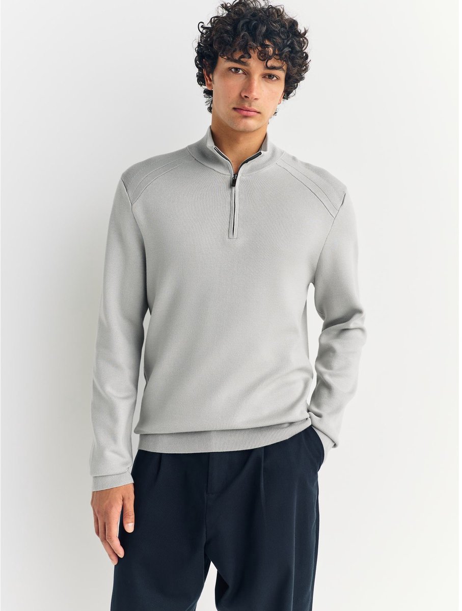Next - Heren - Effen - Slim Fit Premium Viscose Quarter Zip Neck Jumper - Grijs