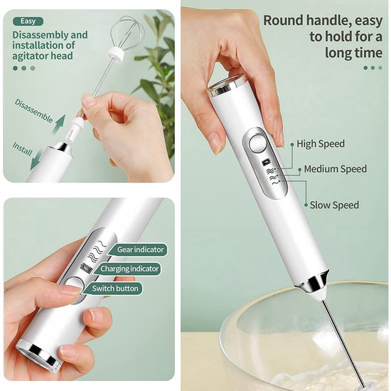 Handzame melkschuimer met USB-oplader, Geschikt voorzien van een dubbele garde/eieropschuimer en een elektrische minimixer met 3 snelheden Geschikt voor het maken van lattes, cappuccino's, warme chocolademelk en eieren. van Merkloos — afbeelding 3