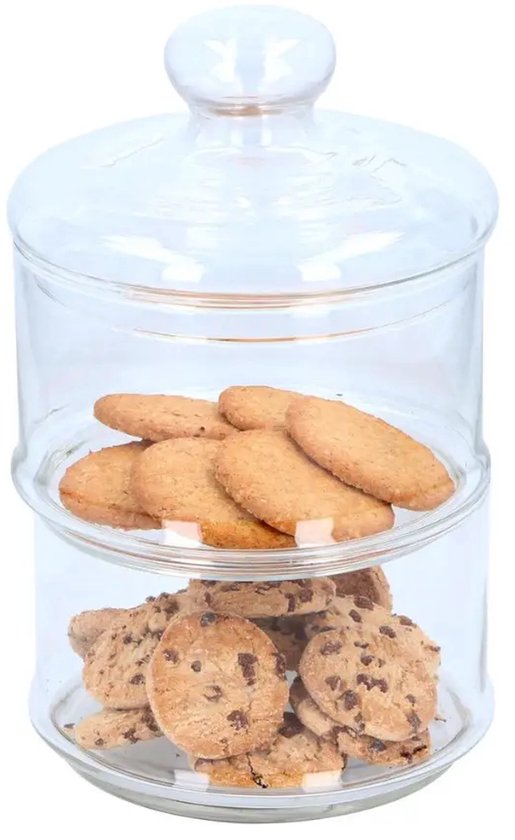 Bonbonnière en verre à deux niveaux, remplie de biscuits.