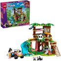 LEGO Friends Pandaopvang set met boomhut, glijbaan, quad, twee meisjes en panda's.