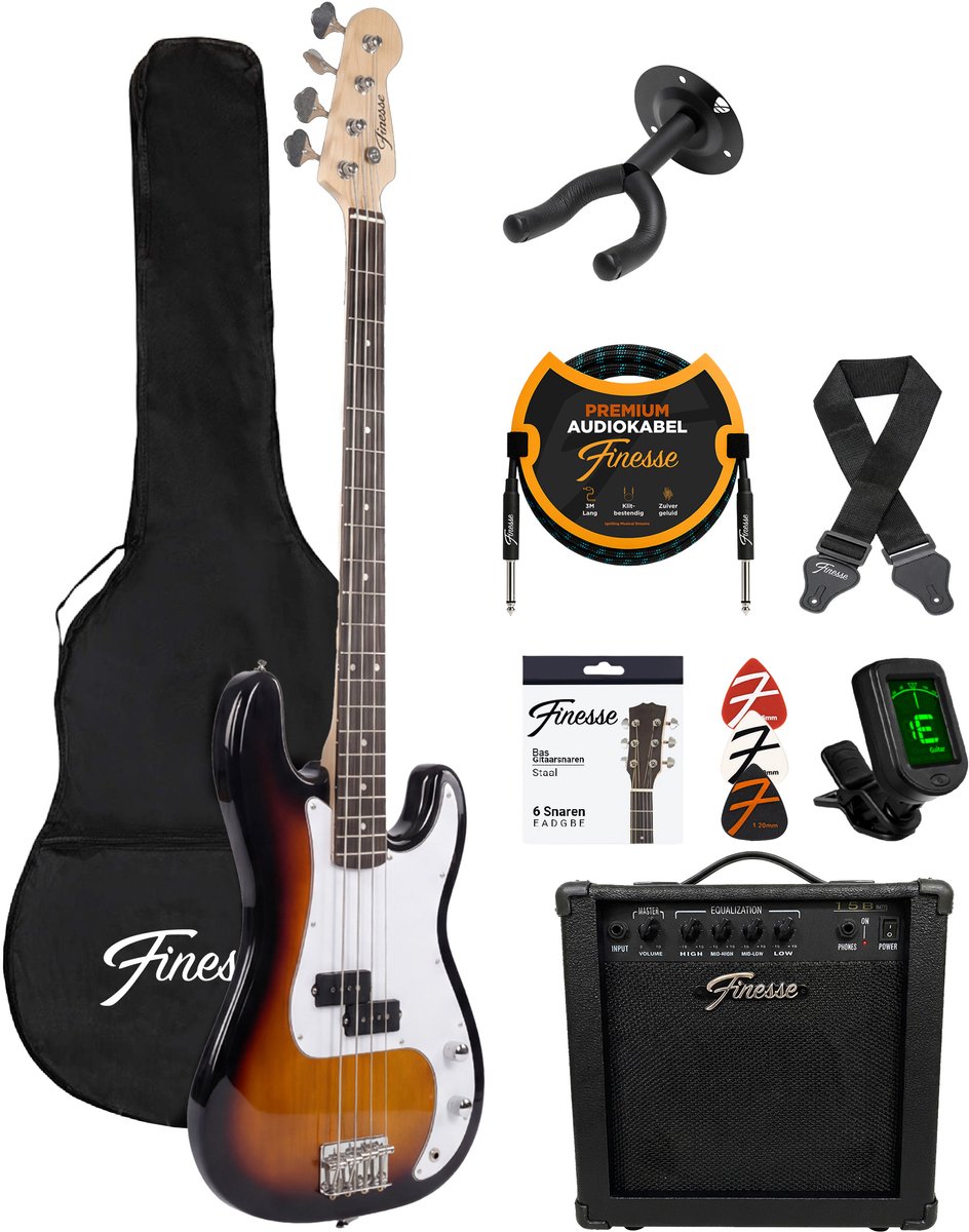 Finesse Elektrische Basgitaar met Versterker - Starterset - Volwassenen - Kind - Sunburst