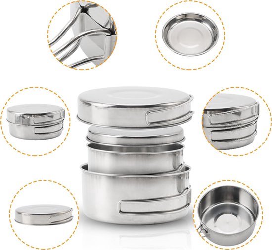 Camping Kookgerei Set met 8 Stuks RVS Pannen en Borden voor Outdoor Activiteiten - Kookgerei - Lichtgewicht - voor kamperen, outdoor, wandelen, picknick, BBQ van Camping — afbeelding 5