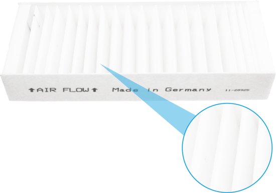 Wit filter met vouwen, met tekst 'AIR FLOW Made in Germany'.