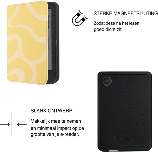 Lunso Geschikt voor Kobo Clara BW / Clara Colour hoesje (6 inch) - Vegan Saffiano Leren Sleep Cover - Yellow Wave van Merkloos — afbeelding 4
