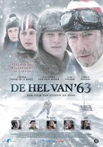 Filmaffiche met vier personen, bedekt met sneeuw. Centraal een man met skibril op. Titel: DE HEL VAN '63.