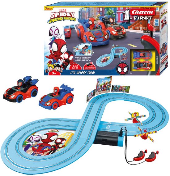 Carrera FIRST Racebaan - Spiderman Speelgoed - Spidey Amazing Friends - It's Spidey Time! - Spidey vs. Spin Auto - 2,4m - 10 onderdelen