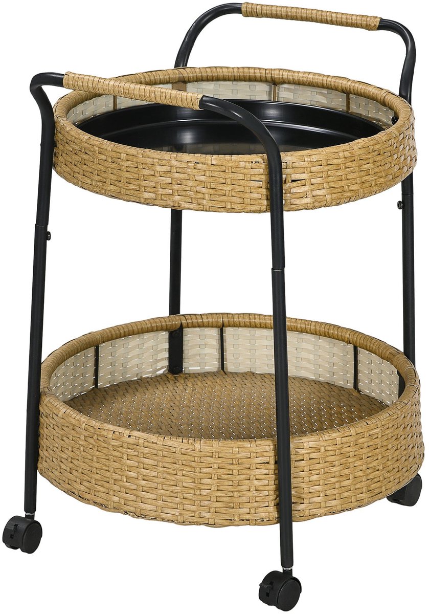 Serveerwagen – Trolley – Bakkerskar – Barwagen – Buitenwagen – Geel – 2 Lagen Met Remmen – Weerbestendig Poly Rattan & Metalen Frame – Φ50 x 66 cm