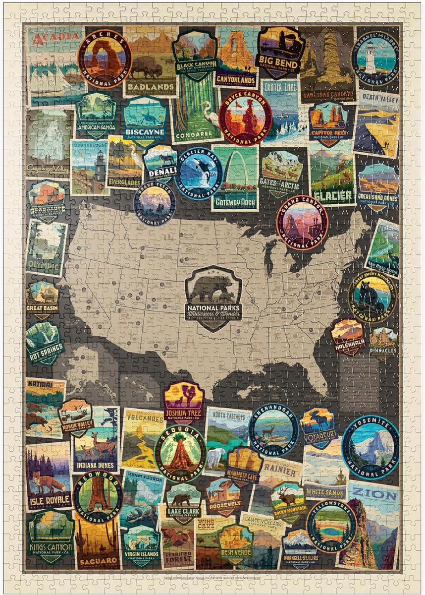 Nationale Parken Puzzel - Collage Kaart - Ontspannen Vrije Tijd - 63 Parken Vintage Kunst - 68x48cm 1000 Stukjes