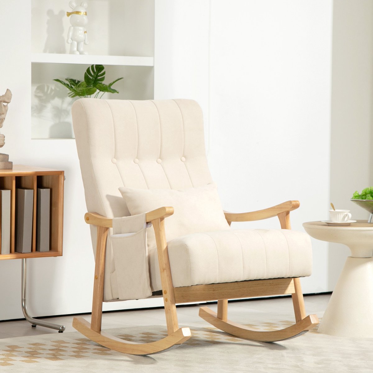 REDOM - Schommelstoel - Gevoerde Zitting En Lendenkussen - Zijvak - Polyester - Beige - 65 x 90 x 98 cm