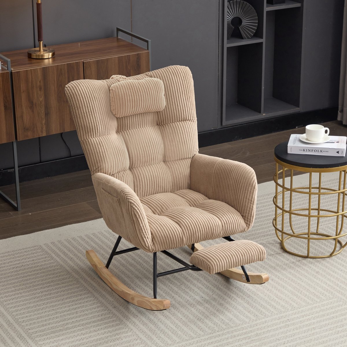 REDOM Luxe Schommelstoel met Voetsteun & Nekkussen - Ergonomische Relaxstoel / Voedingsstoel - Corduroy (Ribstof) - Beige/Bruin