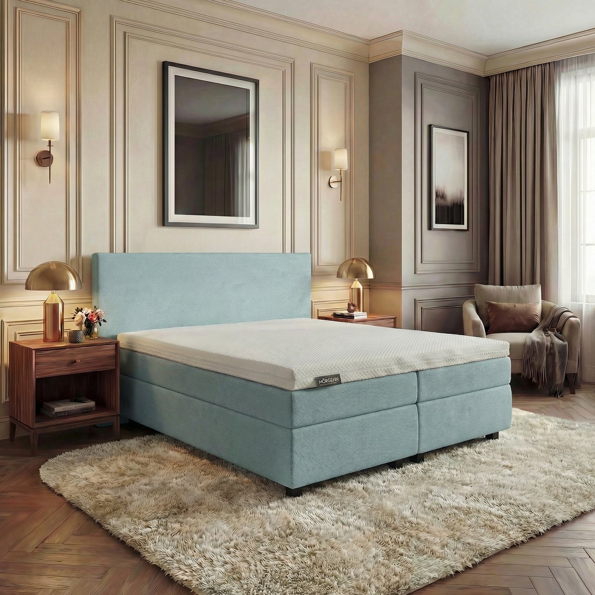 Mörgenn Hotel en B&B Boxspring - Pocketvering - Lichtblauw - 90x210 cm - Inclusief Dekbed en Kussens