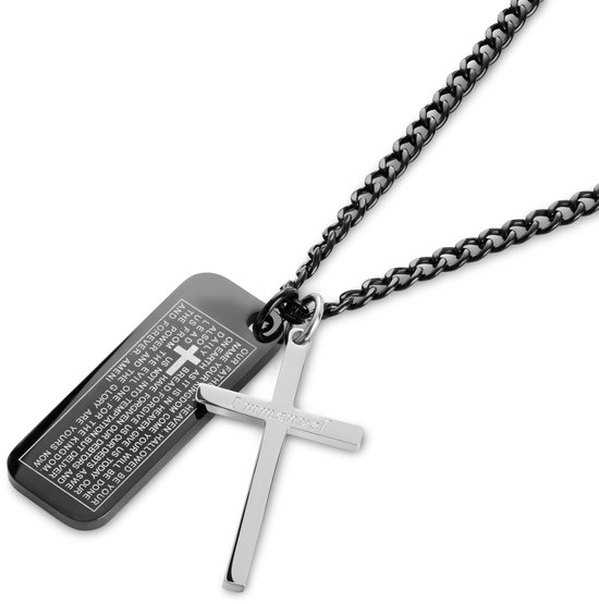 Zwarte dogtagketting met kruis met inscriptie 'Immanuel'.