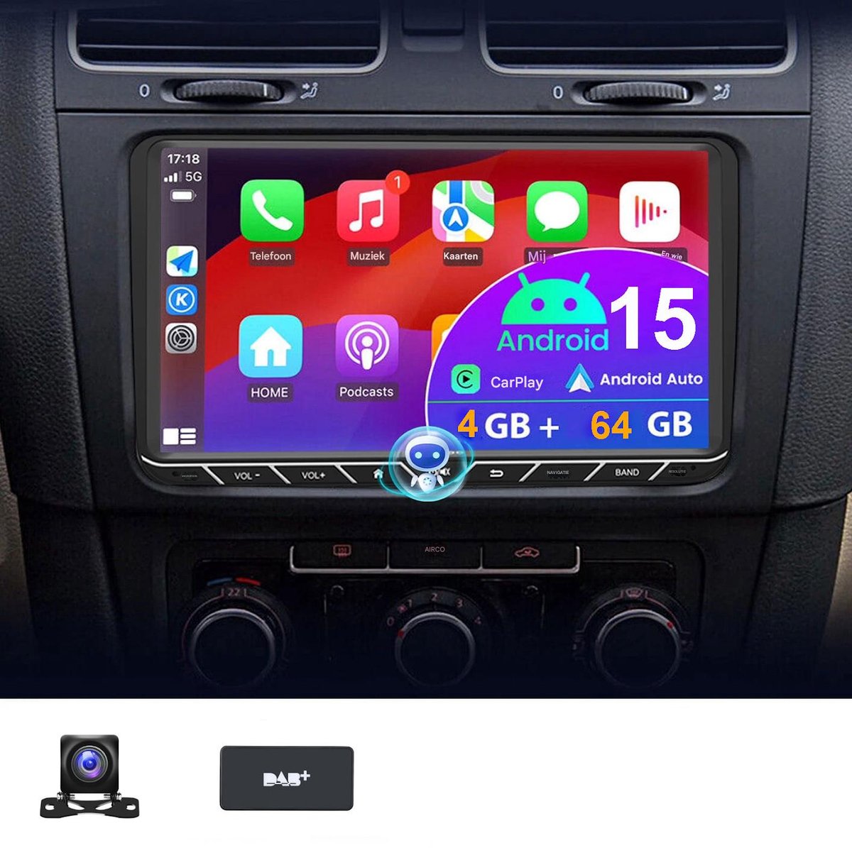 ESSGOO Autoradio geschikt voor Volkswagen VW GOLF 5 6 Passat Touran Tiguan EOS - Draadloos Apple CarPlay & Android Auto - 4GB + 64 GB - Android 15 - navigatiesysteem - Bluetooth & Wifi FM RDS USB - Achteruitrijcamera - DAB+