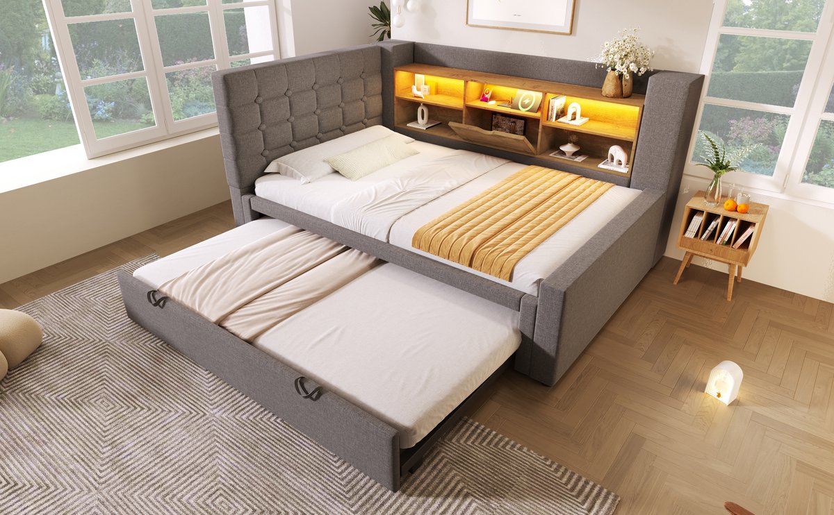 Wishdor Gestoffeerd bed met uitschuifbed en LED – 90 x 200 cm – L-vormig hoofdbord – Linnen – Grijs – USB-C snelladen – Hydraulisch – Met opbergvakken