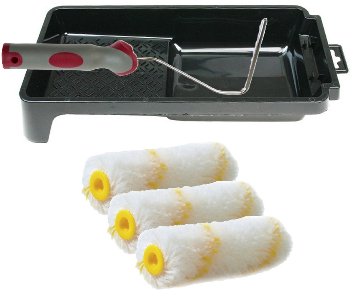 Veba pluisvrije verfrollers schilderen set - met beugel en verfbak - 3x anti spat vacht rollers - pluisvrij - breedte 10 cm x dikte 4 cm - wasbaar