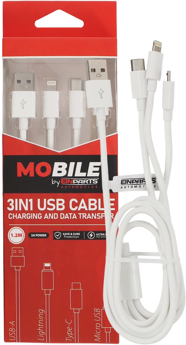 Einparts 3-In-1 Kabel 12M 3A Voor Micro-Usb, Lightning En Usb-C Opladen