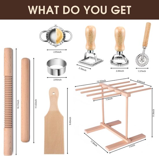 Pastamaker Set - Noodles Maken - Zelf Pasta Maken - 9 Delig Keukengerei - 37cm Lengte - Houtkleur van Pastamaker — afbeelding 4