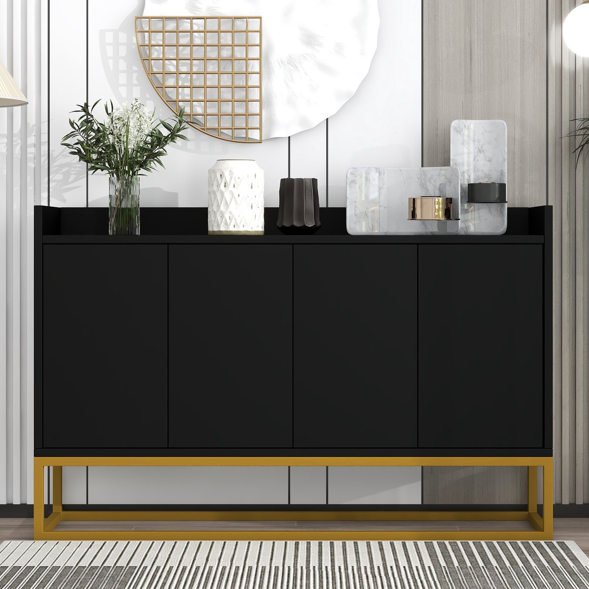 REDOM - Dressoir - 4-Deurs Greeploos Met Verstelbare Planken - Minimalistisch - Voor Woonkamer - Zwart - 120 x 30 x 80 cm
