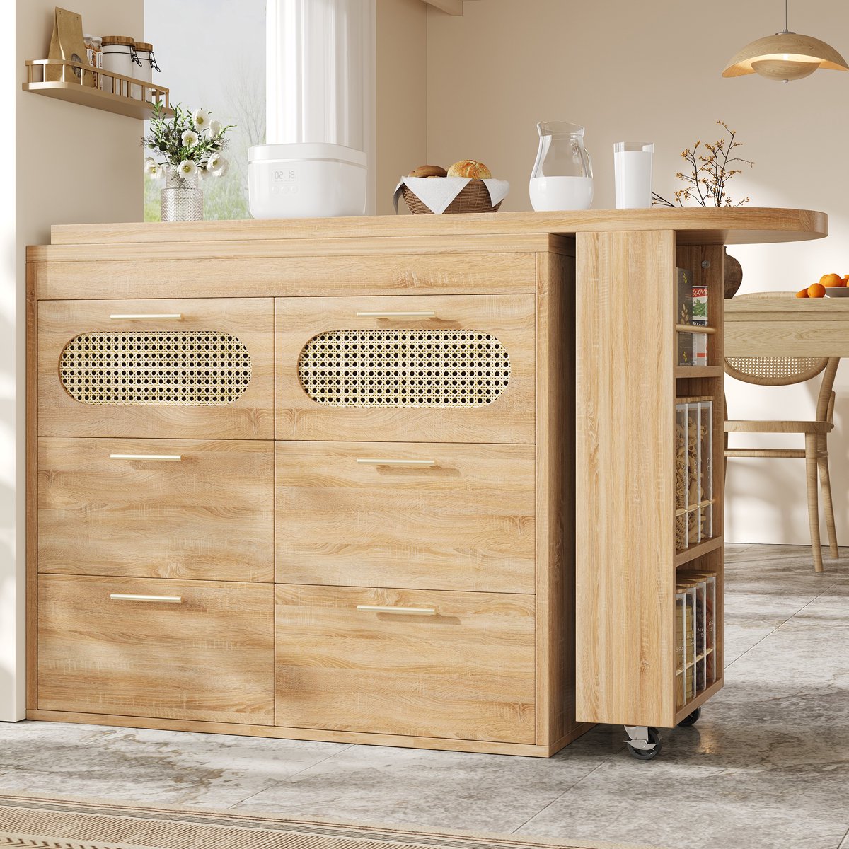 REDOM - Bartafel - 360° Draaibaar Met 6 Laden - Retro - Voor Keuken Of Eetkamer - MDF En Metaal - Natuurlijk - 128-203 X 39 X 90 Cm