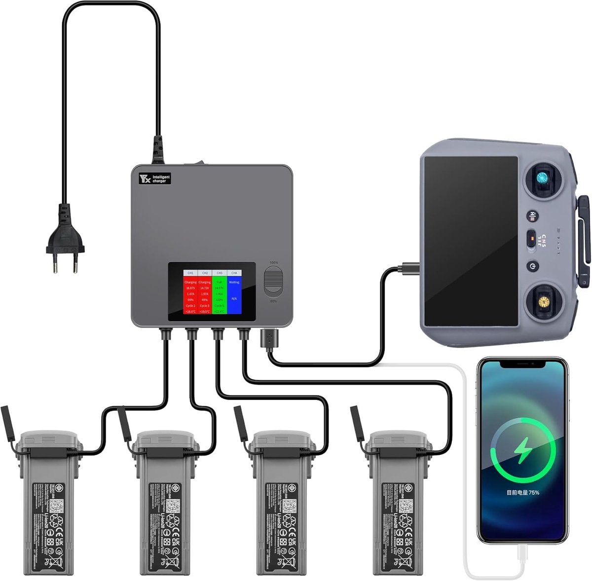 Batterijlader Hub - Laadstation Drone - Accu's Opladen - Met LCD Display - 13 cm Breed