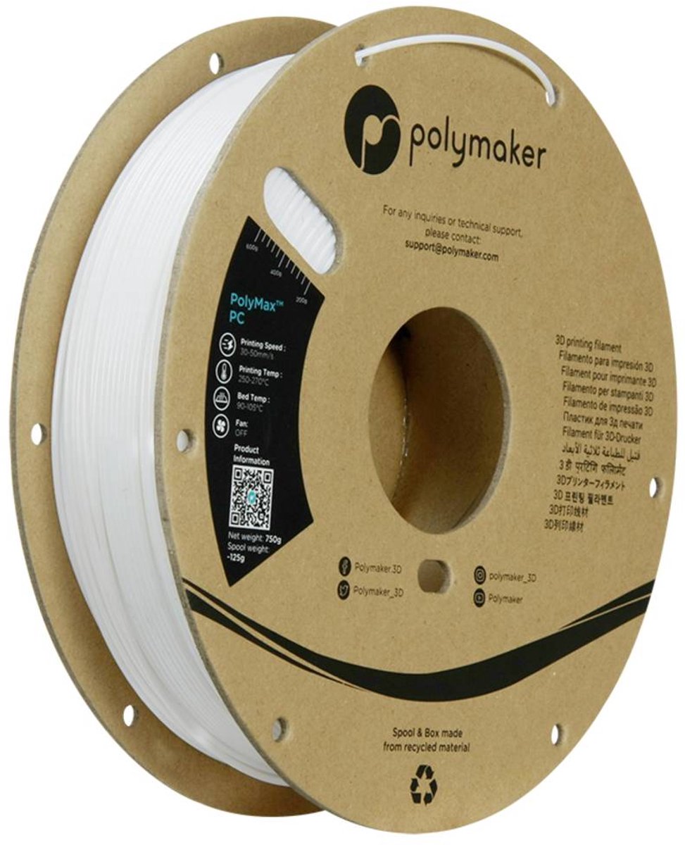 Polymaker PC02002 Polymax Tough Filament PC (polycarbonaat) Hoge stijfheid, Hittebestendig, Slagvast 1.75 mm 750 g Wit