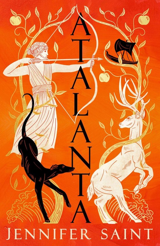 Couverture du livre 'Atalanta'. Une femme en tenue classique tire à l'arc, entourée d'un chien noir, d'un cerf blanc et de décorations dorées sur fond orange.