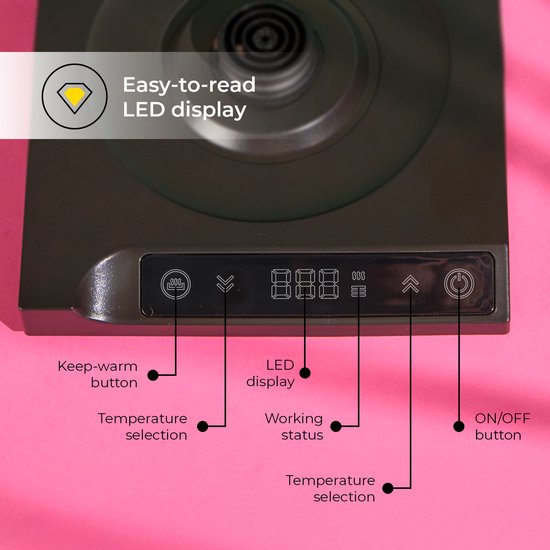 Close-up van het LED-display van de CHiATO waterkoker met knoppen en labels.