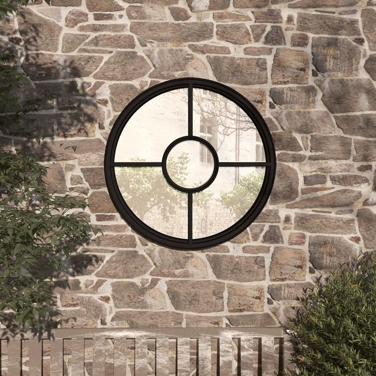 Tuinspiegel Rond - Wandspiegel Decoratief - Voor Buiten - Stevig IJzer - 60 x 4 cm - Zwart