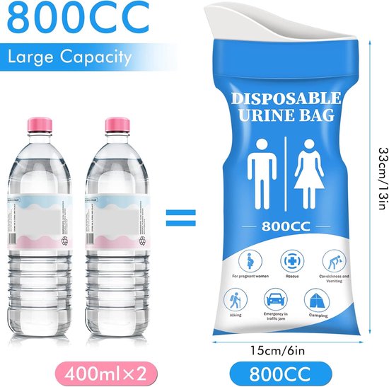12 Plaszakken / Wegwerp Urinezakken 800 ml - Noodtoilet voor Auto, Camping & Reizen - Lekvrij & Absorberend — afbeelding 4
