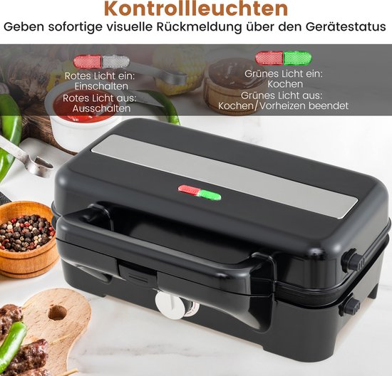 COSTWAY Elektrische sandwichmaker, 1200 W, 3-in-1 wafelijzer, panini-pers en sandwichtoaster, draagbare contactgrill met 6 afneembare antiaanbakplaten en 5 temperatuurregelingen van Costway — afbeelding 3