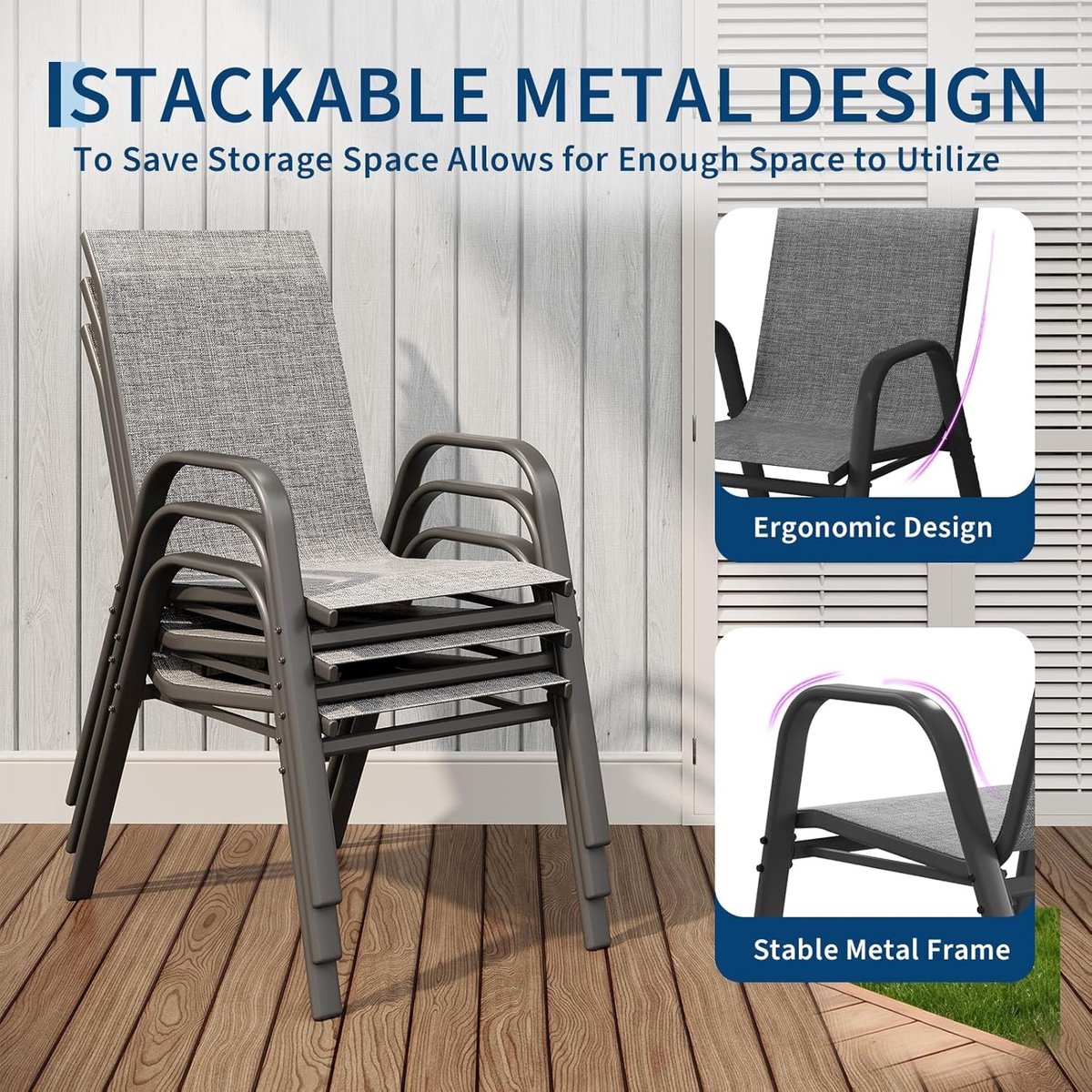 Tuinstoelen Set van 4 - Stapelbaar - Textileen & Metaal - Weerbestendig en Roestvrij - Luxe Buitenstoelen voor Tuin, Balkon & Terras - Grijs – foto 2
