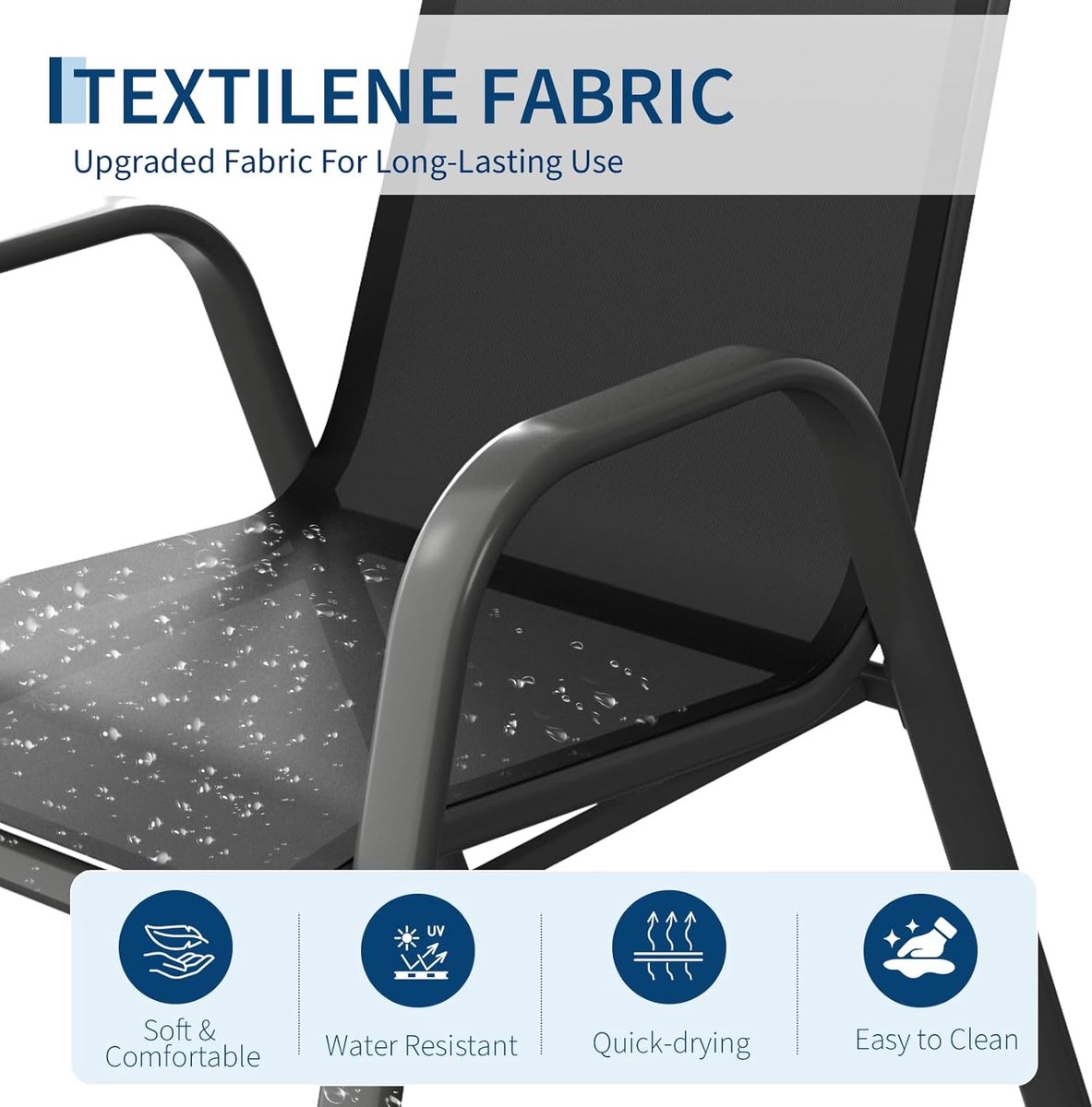 Tuinstoelen Set van 4 - Stapelbaar - Textileen & Metaal - Weerbestendig en Roestvrij - Luxe Buitenstoelen voor Tuin, Balkon & Terras - Zwart – foto 3