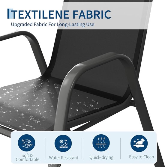Zwarte textileen stoel met grijze metalen armleuningen. Zacht, waterafstotend, sneldrogend en makkelijk schoon te maken.