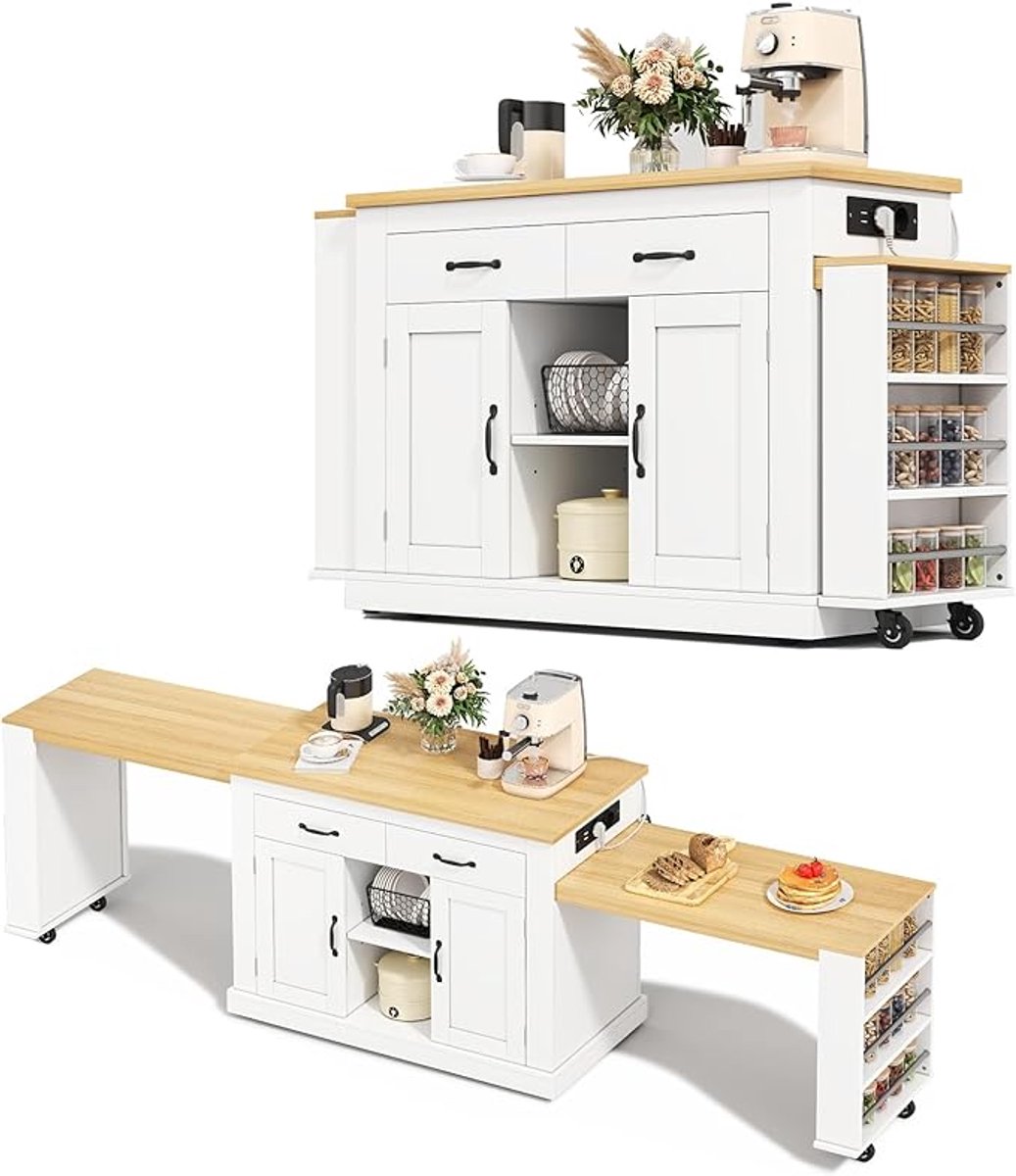 Keukeneiland met Uittrekbare Eettafels 142–340 cm – Mobiele Keukentrolley met Wielen, Stopcontacten & USB, Laden en Verstelbare Planken – Wit/Naturel – Laura