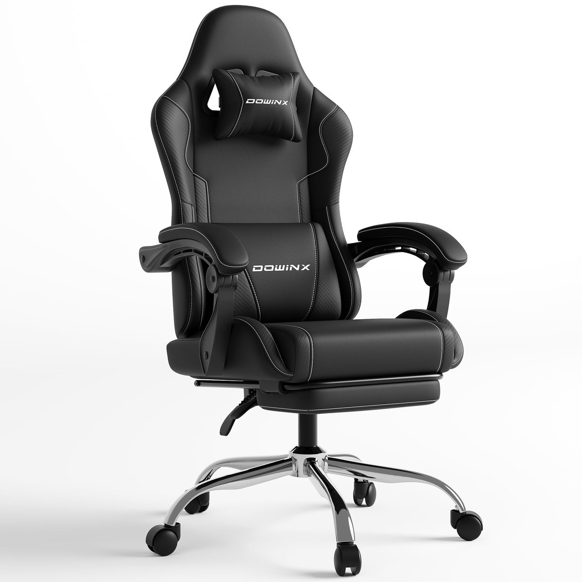 Dowinx Ergonomische Gamingstoel – Met Voetensteun & Massage Lendensteun – Inclusief Hoofdsteun – Comfortabele High-Back Bureaustoel voor Thuiswerken & Gamen – Zwart