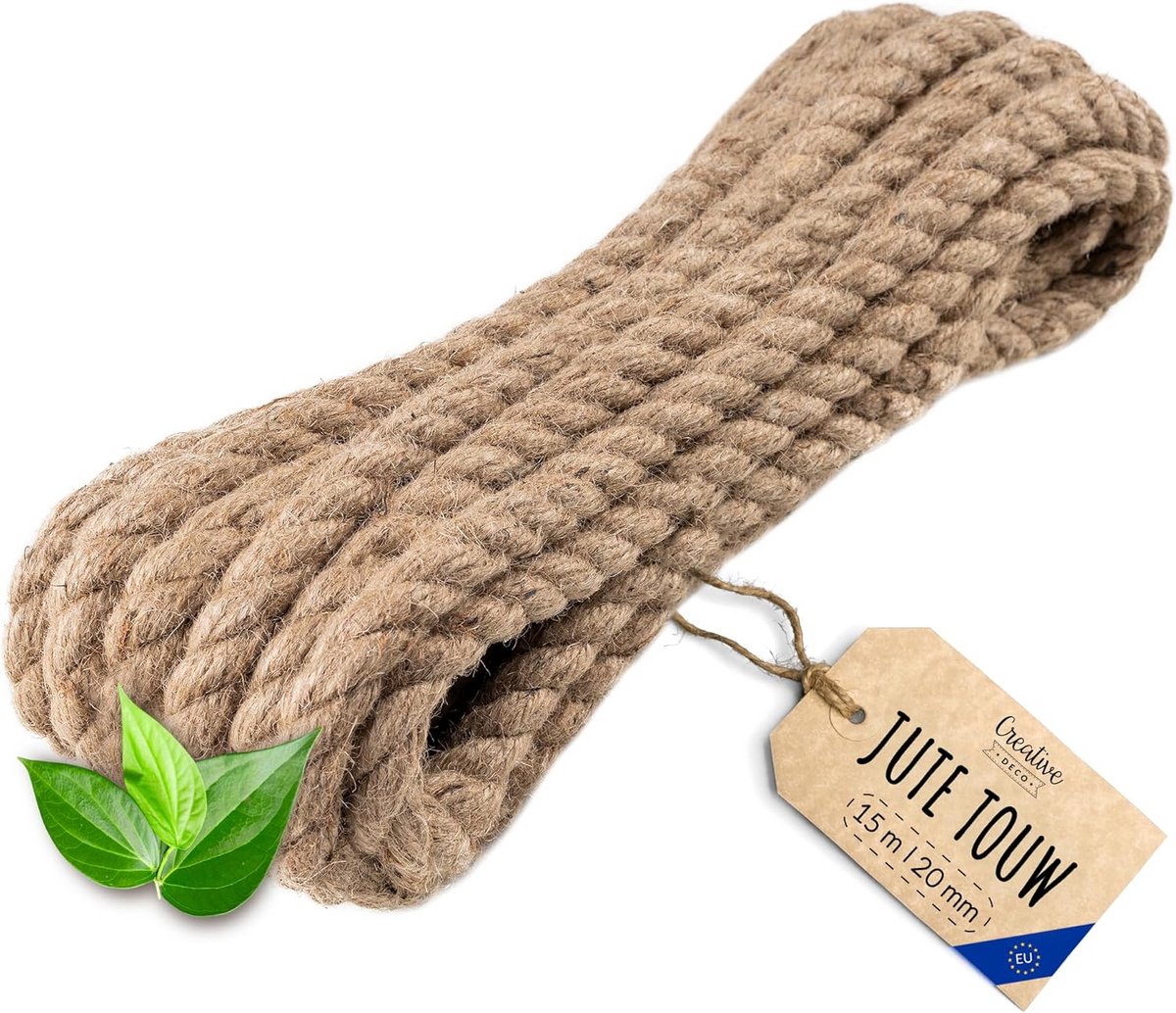 Decoratief Jute Touw - Natuurvezel Koord - Klusprojecten Buiten - Sterk Gedraaid Materiaal - 15m Lengte 20mm - Bruin