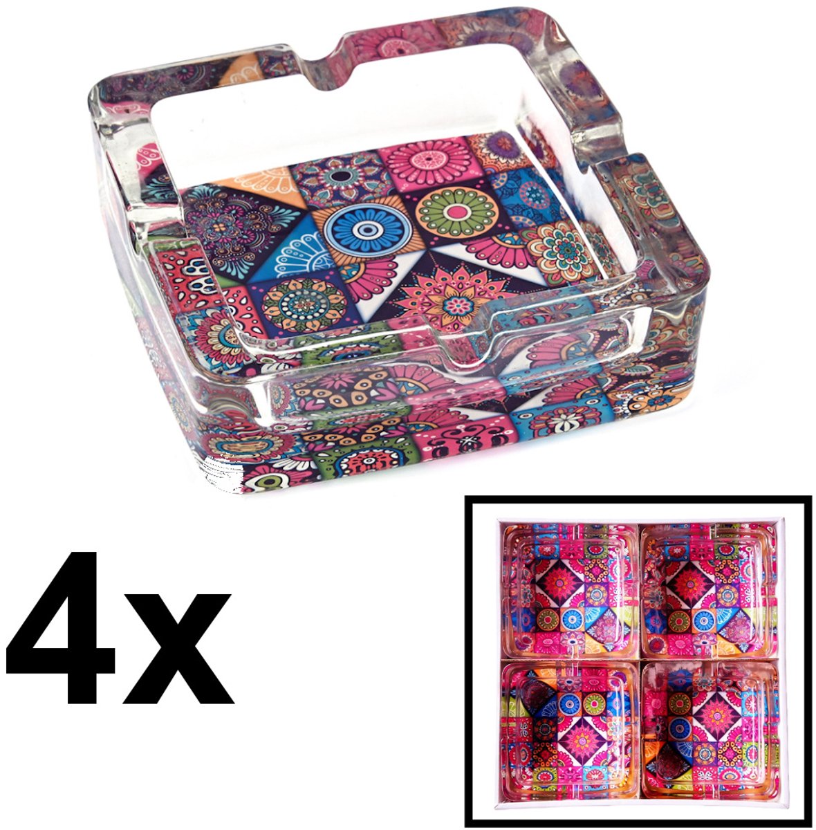Decopatent - 4 Stuks Luxe Glazen Asbakken Vierkant 13.5 Cm - MANDALA / MOZAIEK Design - Stevig Glas - Vierkante Asbak voor Binnen en Buiten gebruik - Stijlvolle Ronde Asbak - Voordeelverpakking - Afm: 13.5 x 13.5 x 4.2 Cm.