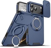 Hoesje Geschikt voor iPhone 17 Pro Max hoesje Blauw - Shock Hybrid Armor Hoes met Kickstand Ring en Camera Bescherming - Geschikt voor MagSafe